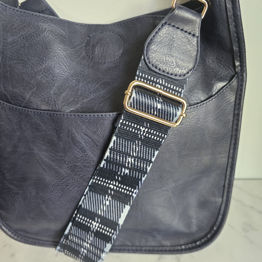 Ah-Dorned, Navy Vegan Leather Plaid Crossbody Strap Classic Messanger Bag Purse - Picture 2 of 10